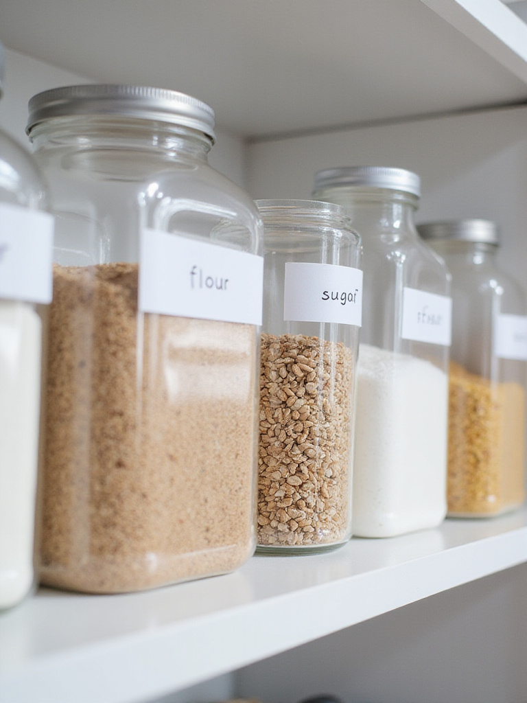 Organized kitchen pantry shelf with clear, labeled containers of flour, sugar, and grains, showcasing effective food storage and identification.