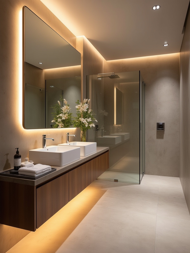 Modern bathroom with layered lighting: recessed ceiling lights, vertical LED vanity strips, and under-cabinet accent lighting creating a functional, safe, and inviting ambiance.