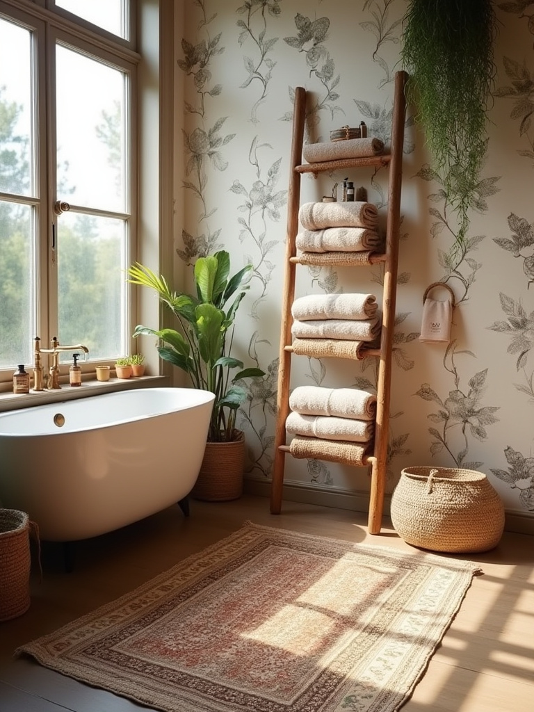 Bohemian bathroom with layered natural jute rug and colorful vintage kilim rug in front of a wood vanity, featuring rolled Turkish cotton towels and a macrame plant hanger, enhancing warmth and depth.