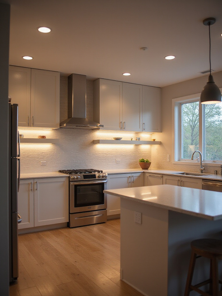 Modern kitchen with integrated smart LED lighting providing both warm ambient glow and bright task illumination under cabinets, showcasing enhanced functionality and ambiance.