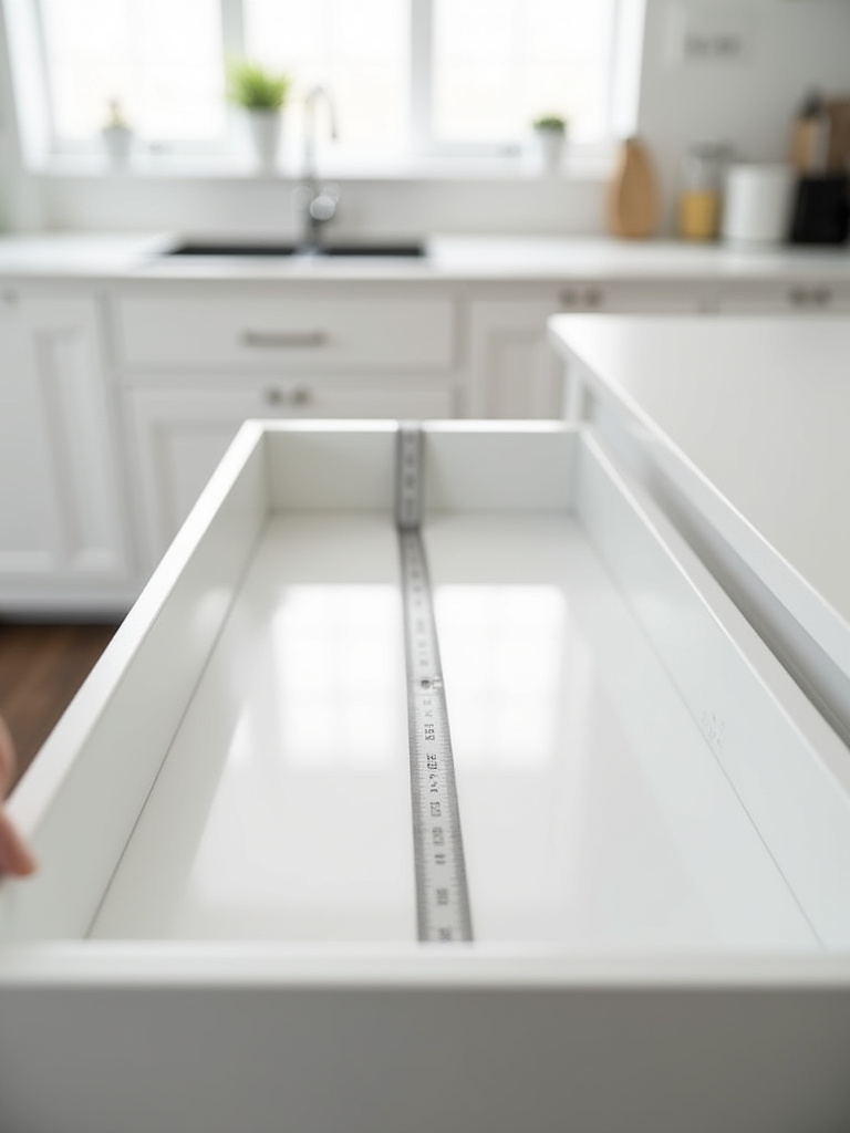 An overhead shot of an empty, clean kitchen drawer being measured precisely with a tape measure to ensure perfect fit for kitchen cabinet organization.