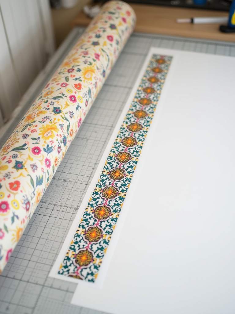 Bohemian wallpaper panel laid out on a table, perfectly aligned with another panel for seamless pattern matching, indicating careful installation preparation.