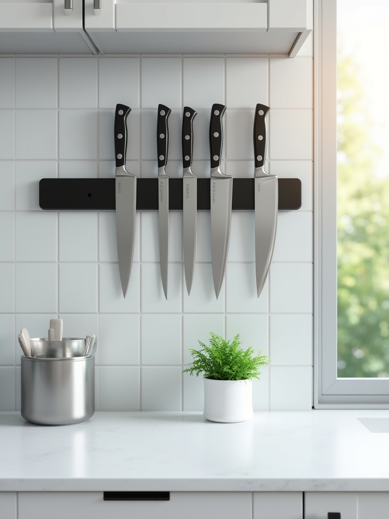 Modern kitchen with a magnetic knife strip mounted above a clean countertop, showcasing neatly organized knives and clear workspace.