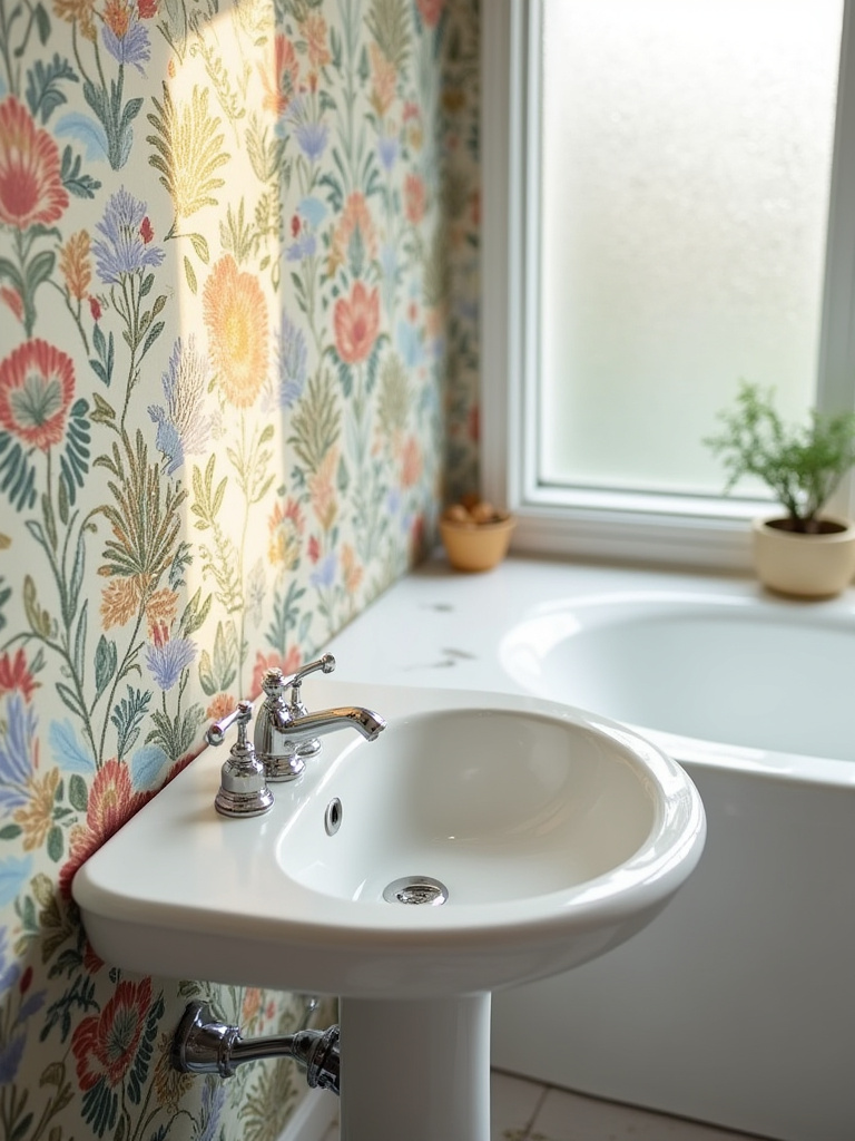 Bohemian wallpaper being meticulously installed around a white pedestal sink in a modern bathroom, showcasing precise cutting and seamless pattern alignment for a professional finish.