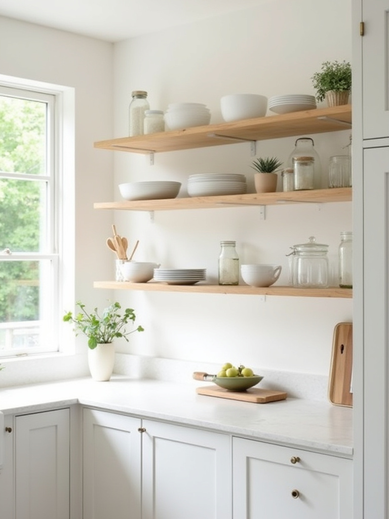 Bright, organized kitchen with light wood open shelving displaying white dishes and glass jars, making the space appear larger and airier.