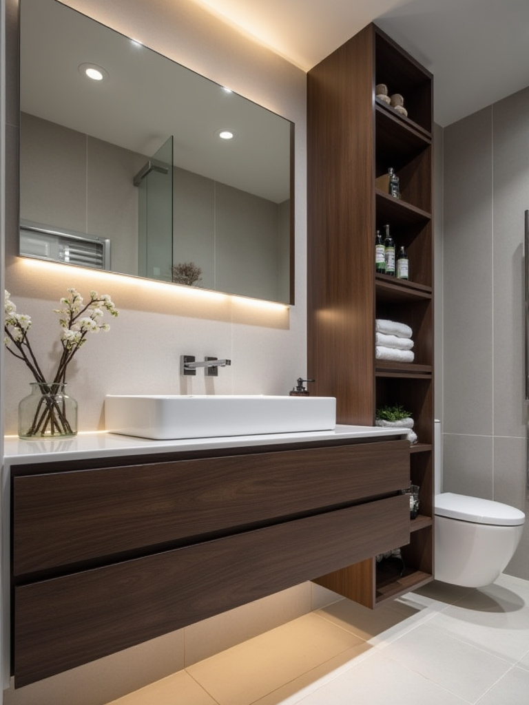 Modern bathroom with dark wood integrated floating vanity, white countertop, vessel sink, and recessed wall shelving with glass shelves. Organized bathroom storage solution.