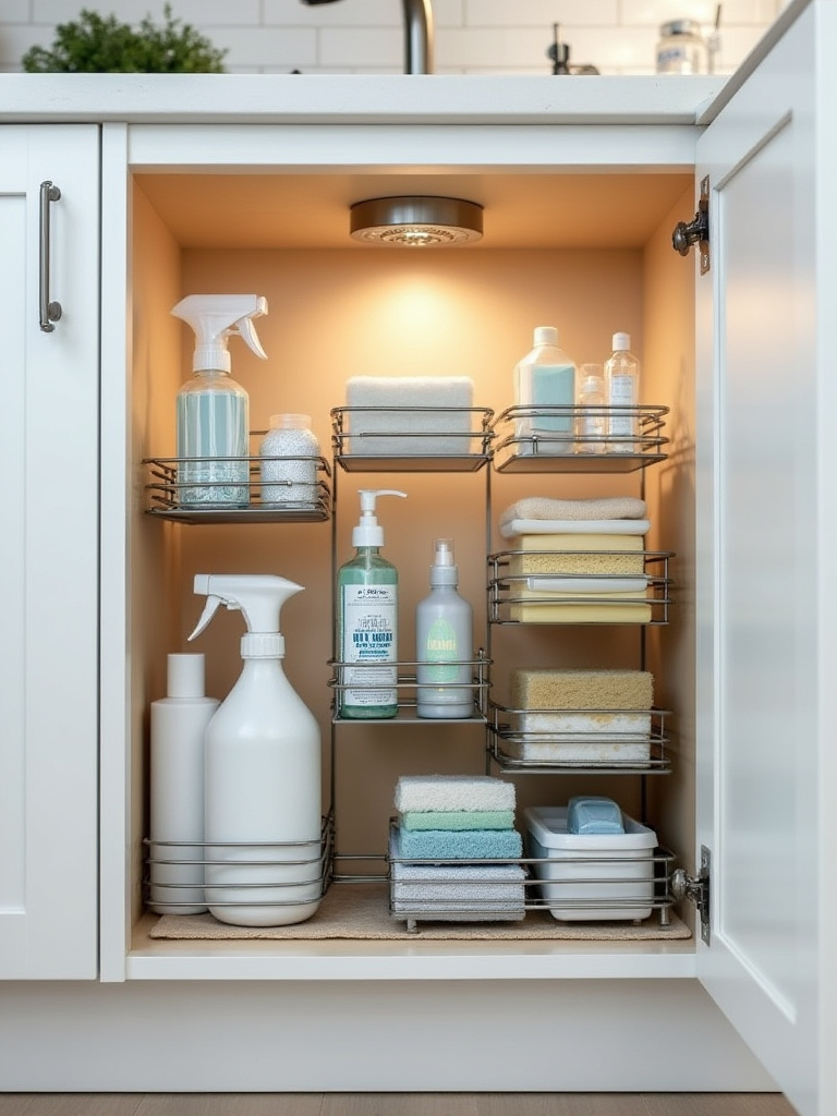 Under-sink cabinet interior featuring chrome two-tier pull-out racks organizing various cleaning supplies like spray bottles, sponges, and scrub brushes. The space is bright, tidy, and efficiently utilized.
