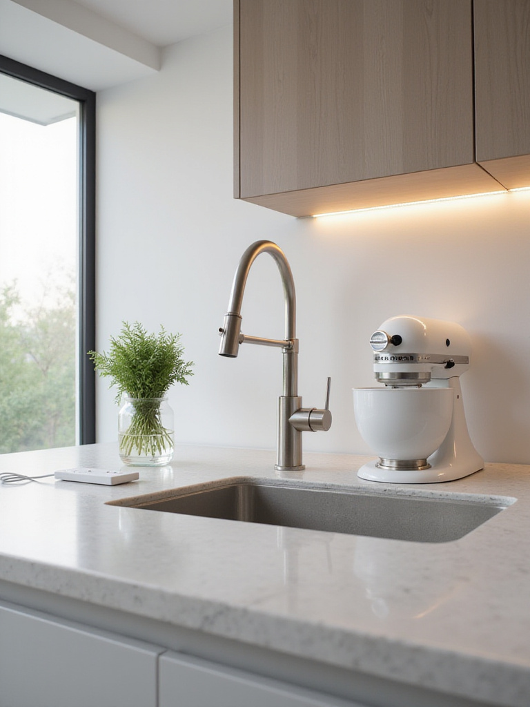 A modern kitchen featuring a low-flow faucet, under-cabinet LED lighting, and a discreet smart power strip, illustrating how to optimize water and energy consumption with low-cost devices.