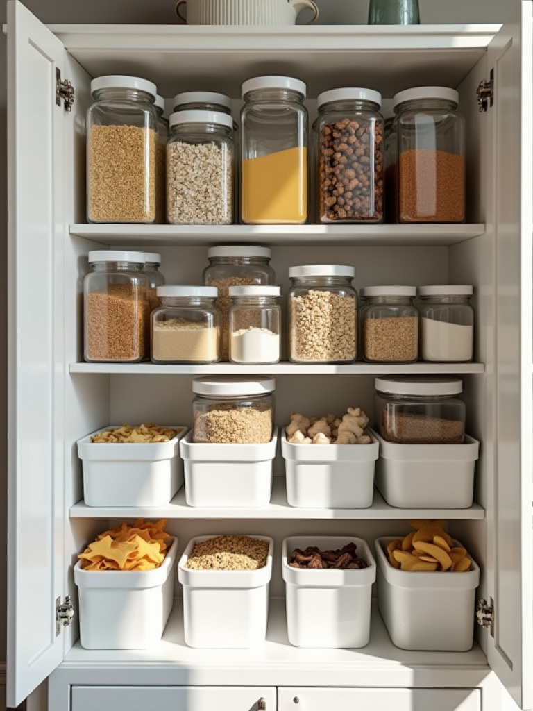 A beautifully organized kitchen pantry with various cost-effective storage solutions like clear bins, stackable shelves, and repurposed containers, showcasing intelligent and tidy kitchen storage.