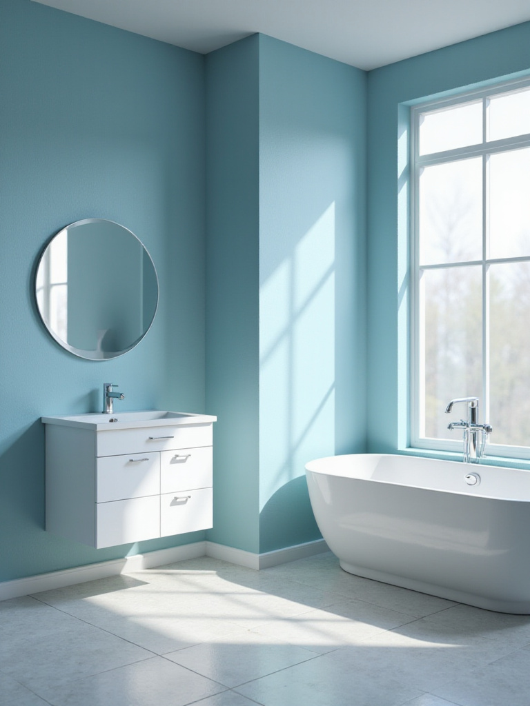 Modern bathroom with serene blue walls and white fixtures, designed to create an immersive, calming atmosphere. Blue bathroom walls decor inspiration.