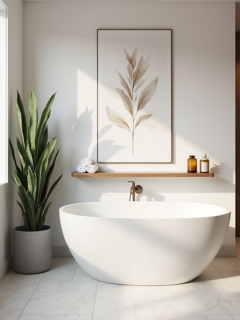 Modern bathroom with abstract botanical art above a freestanding tub, snake plant in a grey pot, and rolled towels on a floating shelf, demonstrating personalization.