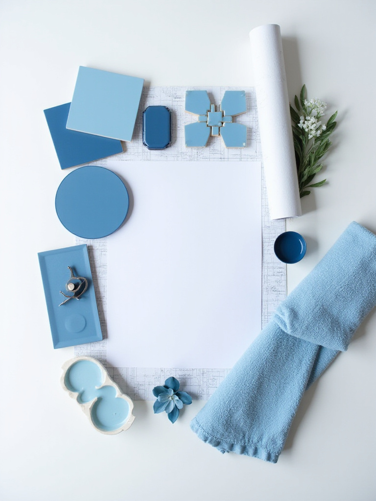 Mood board with blue paint swatches, fabric samples, and tile options for blue bathroom decor budgeting and prioritization.