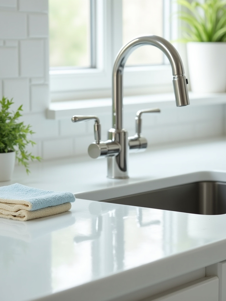 A spotless and well-maintained modern kitchen counter, showcasing a gleaming faucet, smooth countertop, and pristine backsplash under bright natural light, symbolizing proactive kitchen maintenance for longevity.