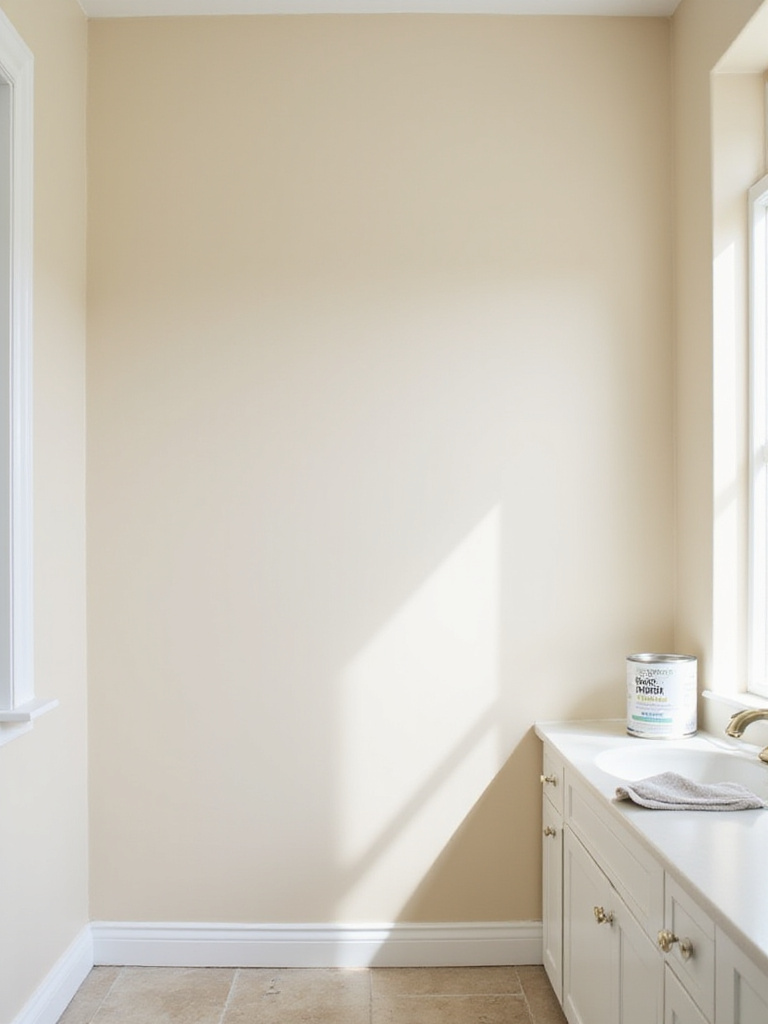 A perfectly prepped bathroom wall, primed and smooth, ready for the installation of bohemian wallpaper, highlighting meticulous surface preparation for optimal adhesion and a flawless finish.