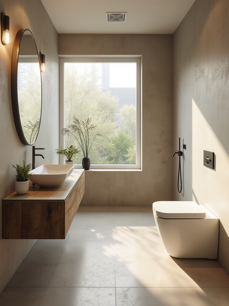 A modern eco-friendly bathroom showcasing a low-flow toilet, reclaimed wood vanity with recycled glass countertop, and recycled content tiles, bathed in soft natural light.