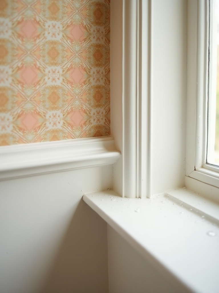 Close-up of a perfectly sealed bohemian pattern wallpaper edge in a bathroom, showing protection against moisture and preventing peeling, ensuring lasting durability.