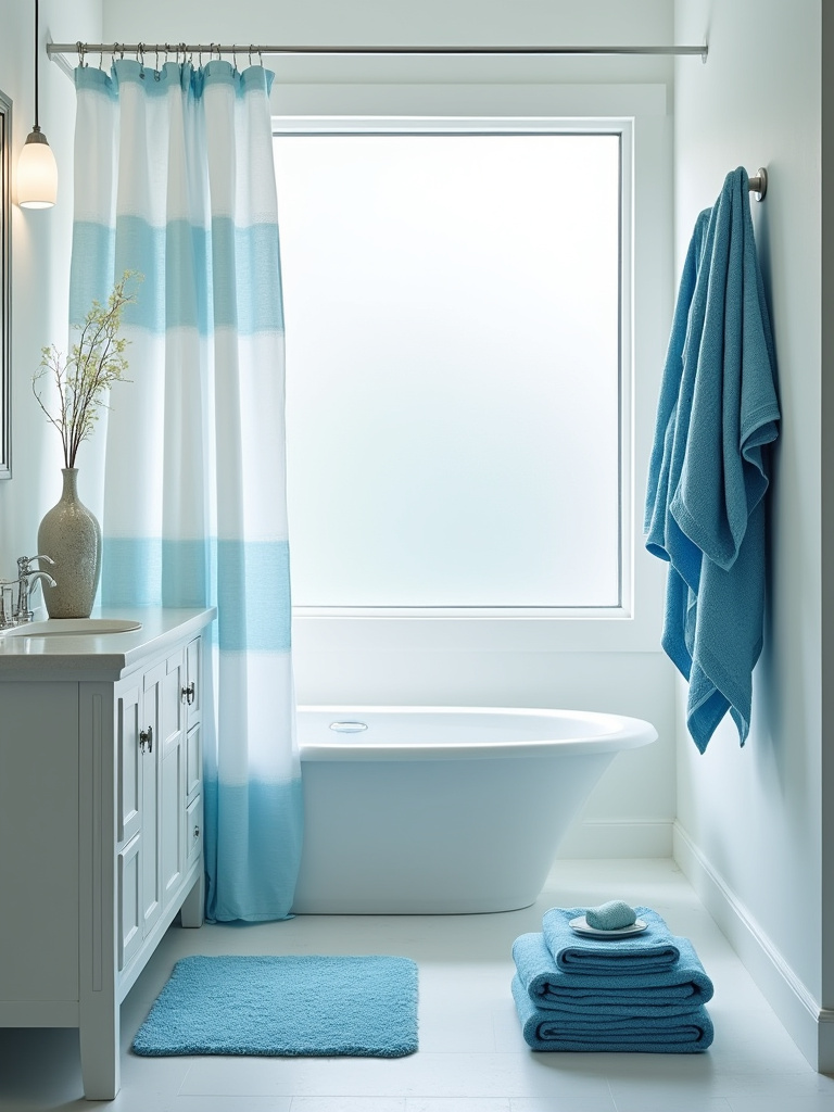 Luxurious blue bathroom vignette displaying seasonally refreshed towels and bath mats, with light aqua for summer and deep indigo for winter.