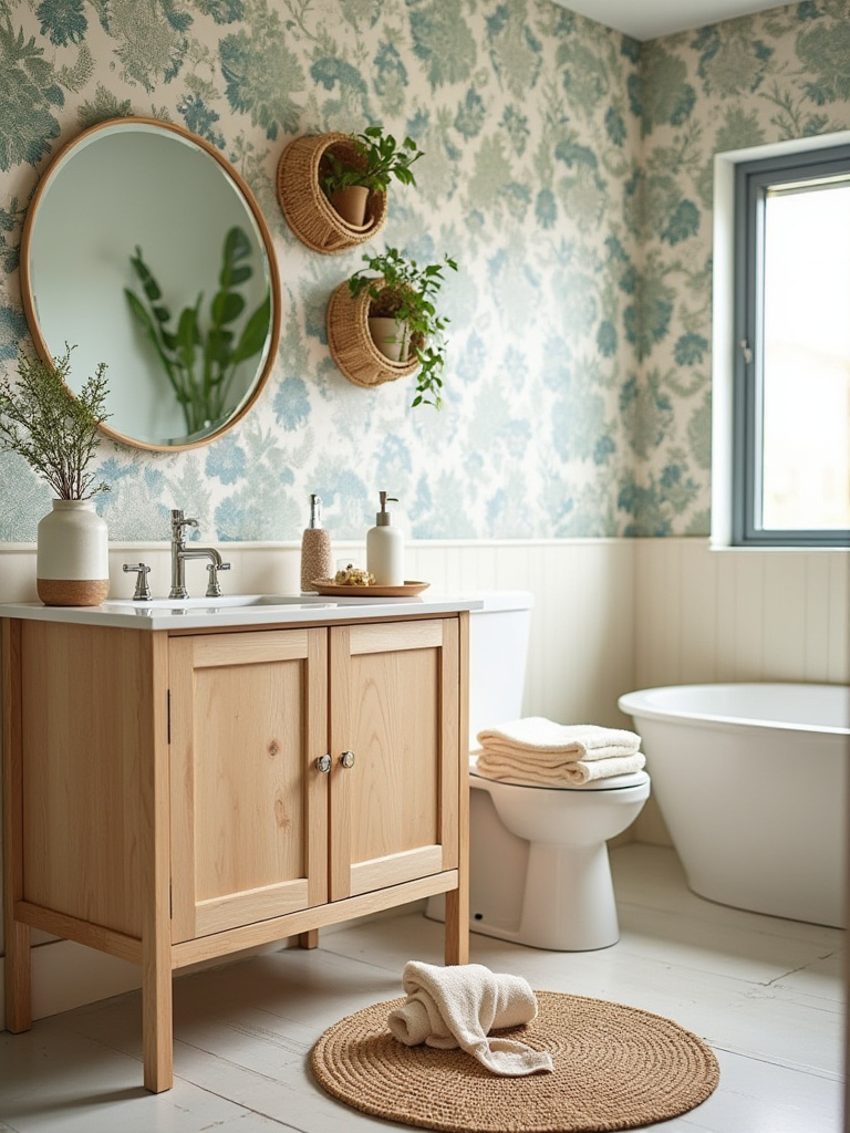 Bohemian bathroom with floral wallpaper, fresh plants, white macrame bath mat, light cotton towels, and wooden tray with natural decor, reflecting a seasonal refresh.