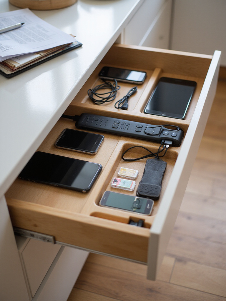 Image showing an open kitchen drawer converted into a modern, organized device charging station with multiple electronic devices neatly plugged in and cables managed.