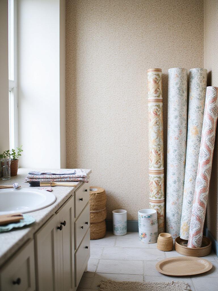 Bohemian bathroom with tools and materials contrasting peel-and-stick and traditional wallpaper application