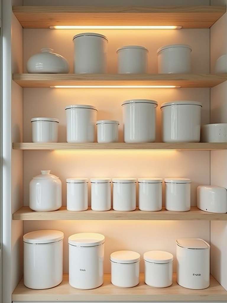 Neatly organized kitchen pantry with uniform white containers on light wooden shelves, suggesting diligent quarterly maintenance and a clean, serene space.