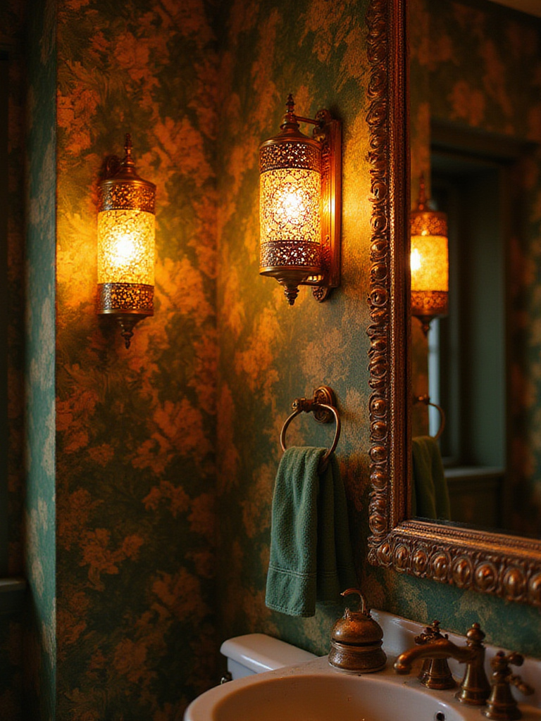 Moroccan-inspired filigree wall sconces with amber glass casting patterned light onto bold botanical bohemian bathroom wallpaper, highlighting intricate patterns and vibrant colors.