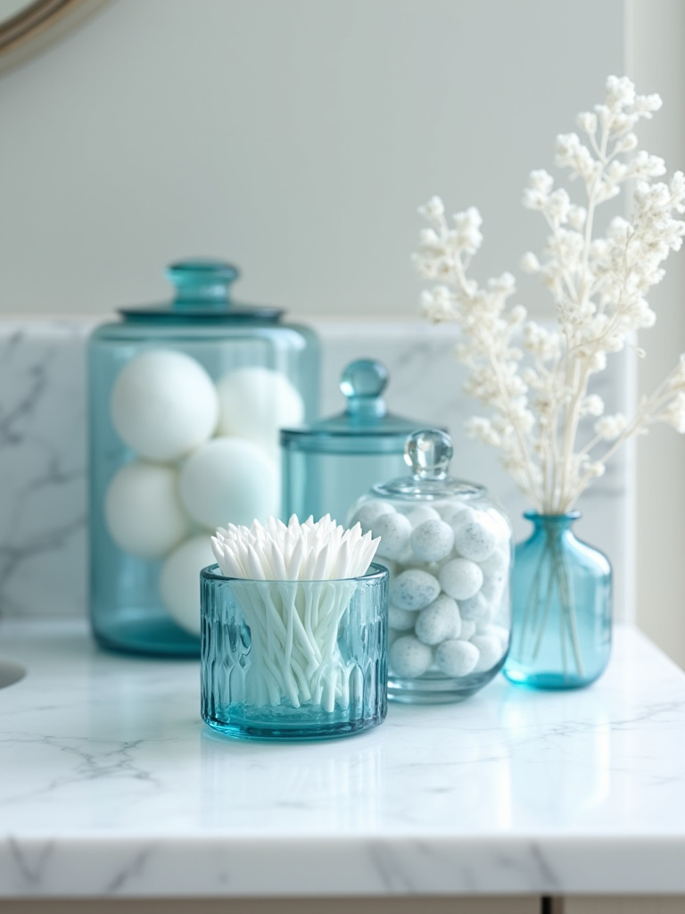 Aqua and blue glass apothecary jars and a vase on a white marble bathroom vanity, filled with cotton balls, Q-tips, and bath beads.