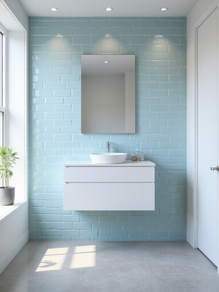 Modern bathroom with a feature wall of sky-blue subway tiles, floating white vanity, and natural light, highlighting the calming effect of blue bathroom wall tiles.