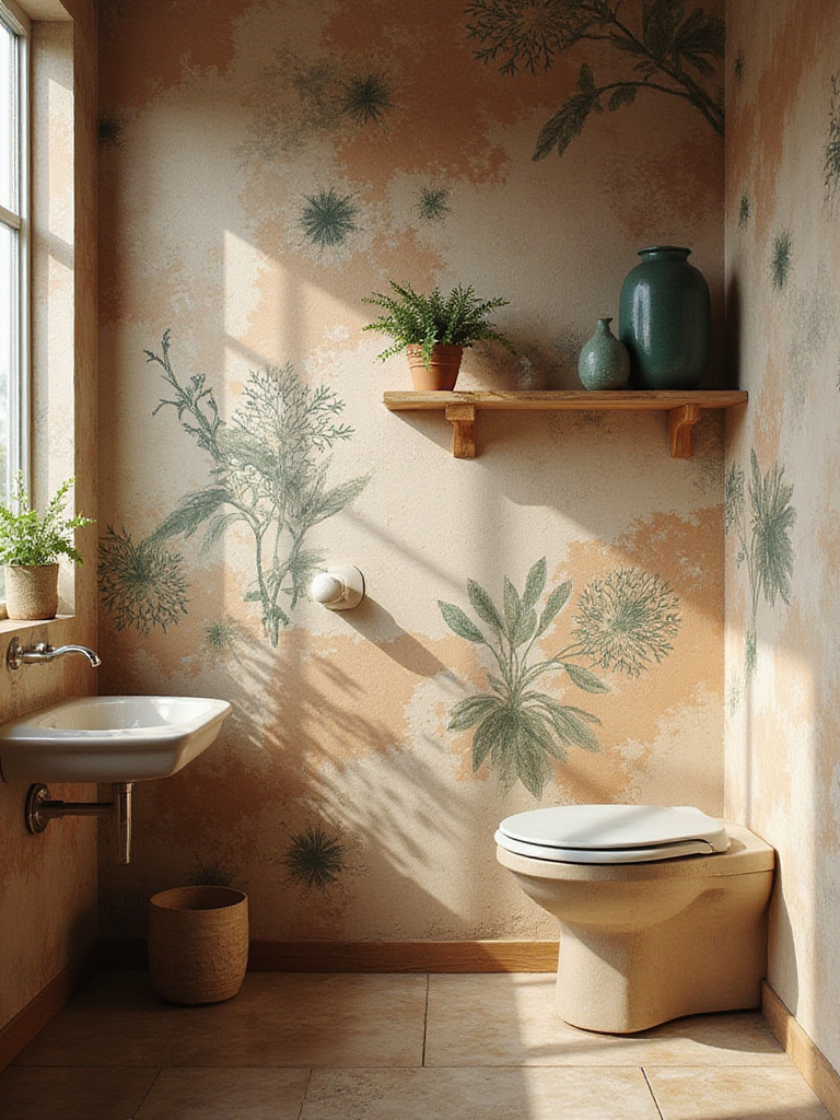 Portrait view of a calming bohemian bathroom interior, featuring wallpaper in a harmonious blend of terracotta, sage green, and hints of indigo. Wooden vanity and natural light enhance the serene earth tone and jewel hue palette.