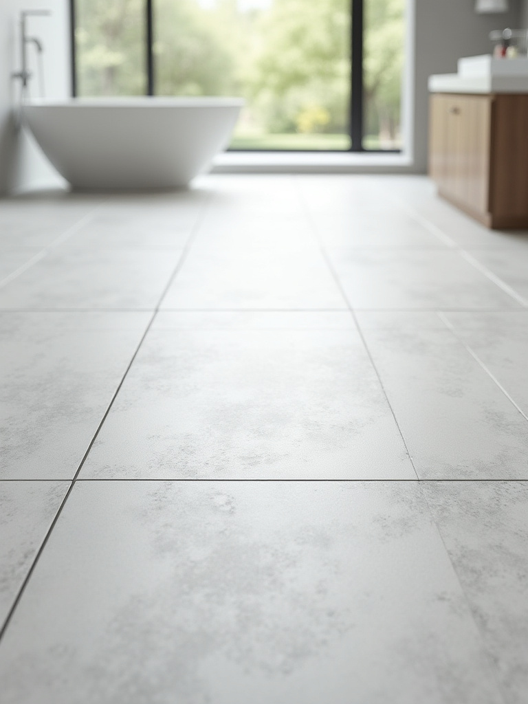 A pristine modern bathroom floor featuring large format light gray porcelain tiles, showcasing durable and water-resistant bathroom flooring solutions.