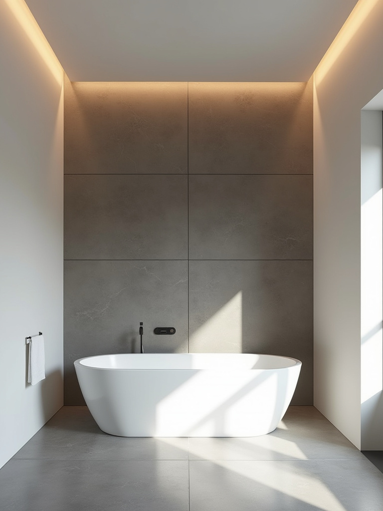 Modern bathroom with a feature wall behind a freestanding tub, covered in large-format charcoal porcelain tiles, contrasted by smooth white walls.