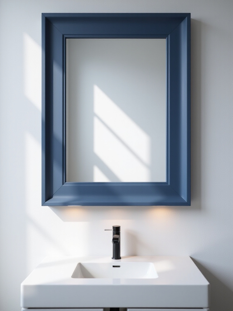 Elegant bathroom with a rectangular mirror featuring a sophisticated matte navy blue frame above a white vanity, showcasing blue bathroom mirror decor.
