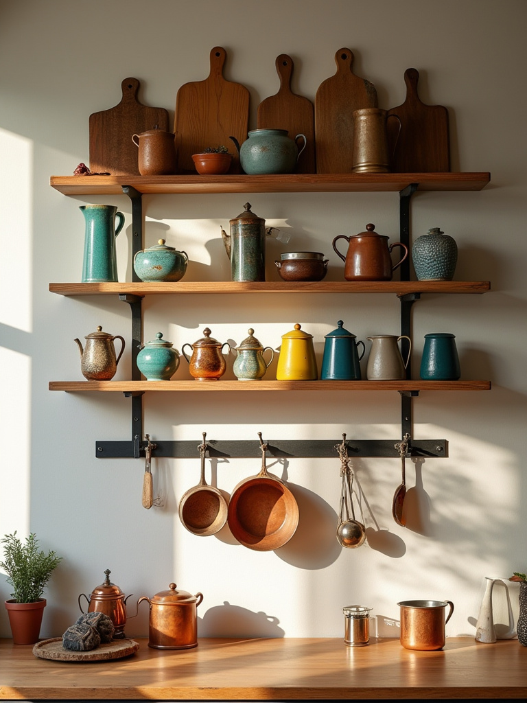 A charming kitchen wall featuring open shelves adorned with a curated collection of unique culinary collectibles, including vintage pitchers, decorative spice grinders, and artistic cutting boards, complemented by gleaming copper pots and antique utensils hanging from wall hooks, all bathed in soft natural light.