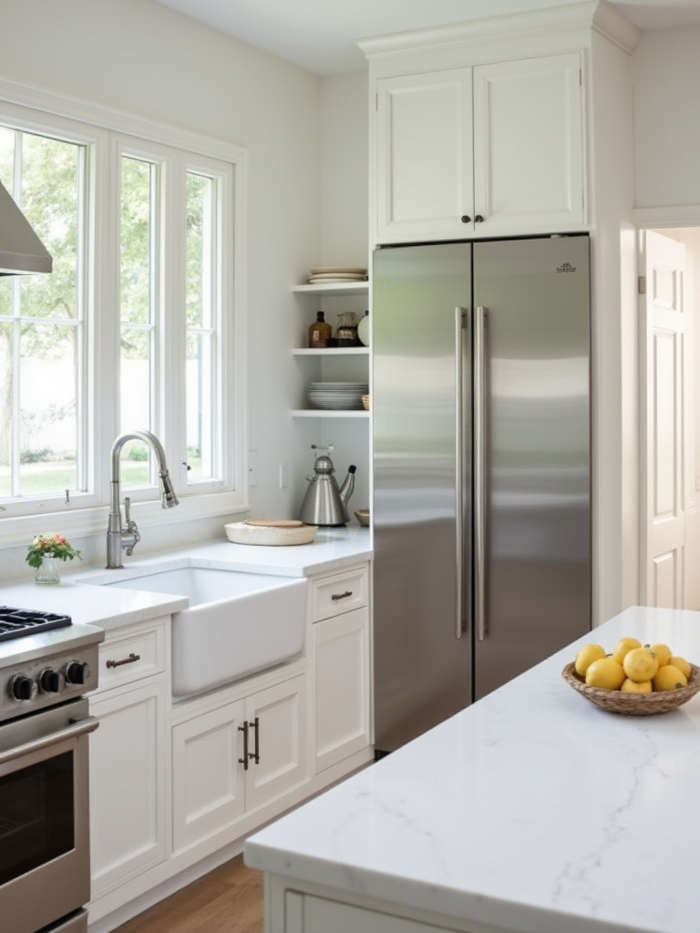 A beautifully integrated kitchen featuring a sleek refurbished stainless steel refrigerator and a classic white farmhouse sink, showcasing the quality of pre-loved items.