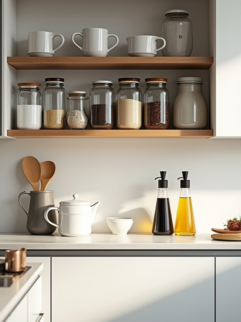 A clean, modern kitchen cabinet or open shelves displaying organized, frequently used items like spices, oils, and mugs at eye-level in neat, clear containers for easy access.