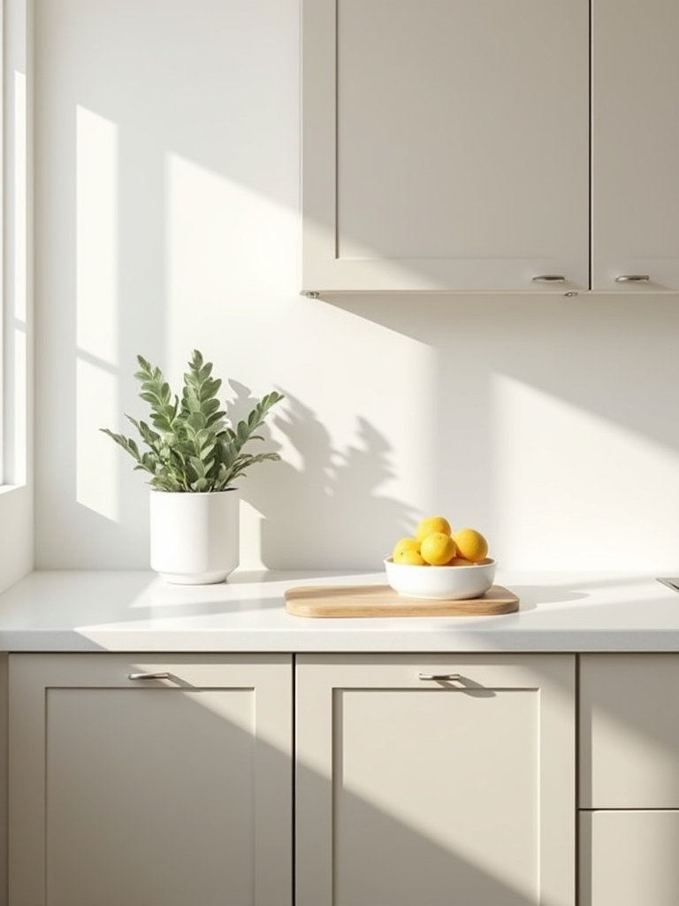A beautifully renovated kitchen showcasing freshly painted light greige cabinets and off-white walls, emphasizing a budget-friendly kitchen cabinet transformation through paint.