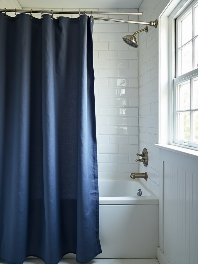 Luxurious deep navy blue linen shower curtain in a modern, serene bathroom, showcasing blue bathroom decor ideas.