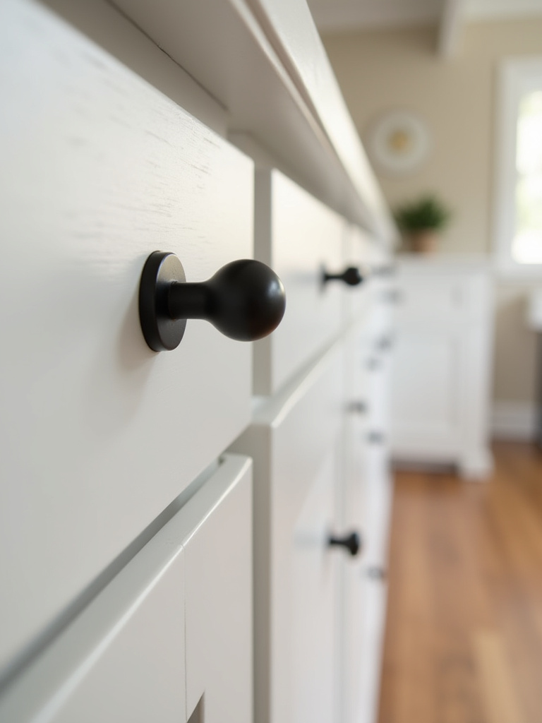 A close-up portrait shot of sleek, matte black cabinet pulls installed on light gray kitchen shaker cabinets, symbolizing a modern kitchen refresh through a hardware upgrade.