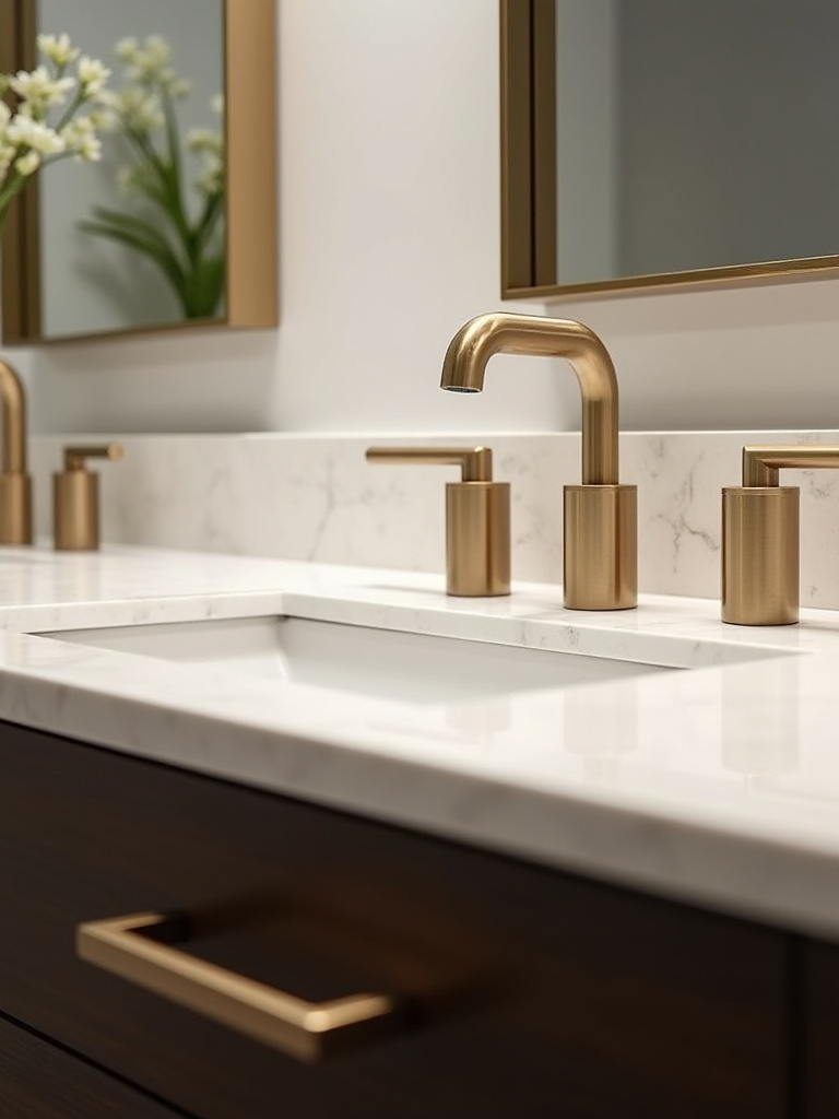 Elegant bathroom vanity with a modern brushed brass designer faucet and coordinating cabinet pulls, highlighting a sophisticated design upgrade.