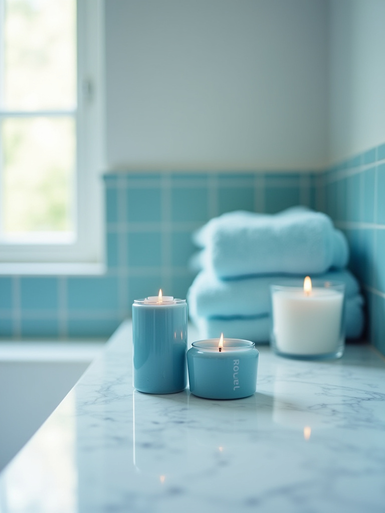 Scented blue candles and a blue essential oil diffuser arranged elegantly in a serene blue bathroom on a marble countertop, contributing to tranquil blue bathroom decor.