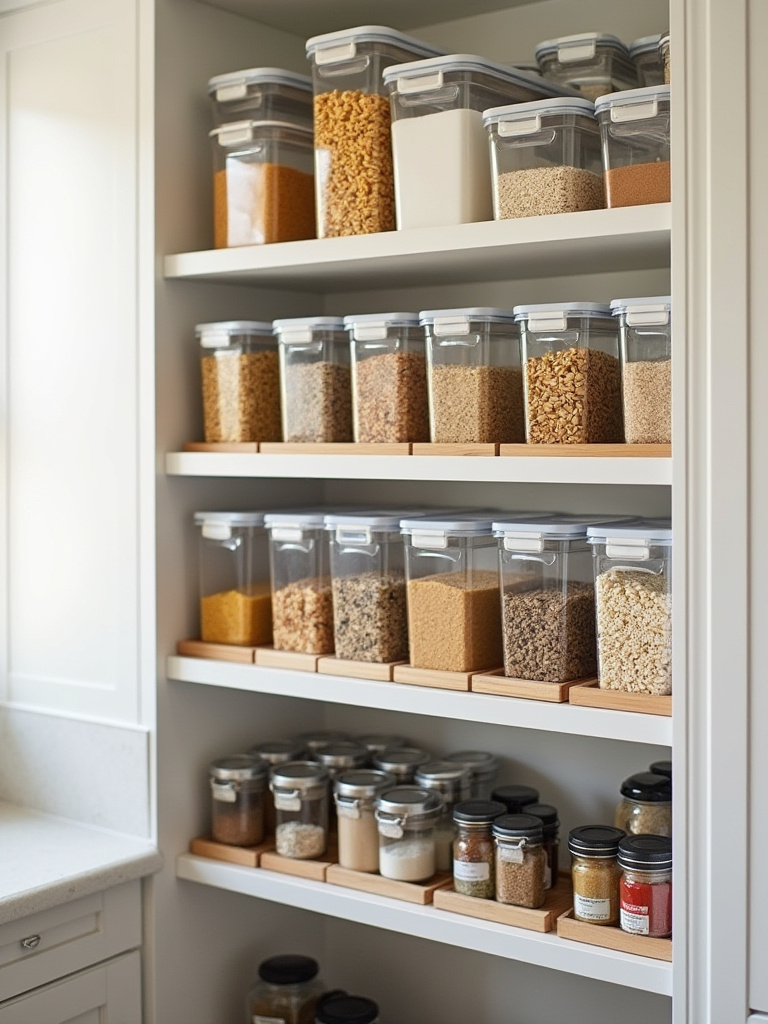 Kitchen pantry shelf organized with clear stackable containers holding dry goods and metal shelf risers elevating spice jars, maximizing vertical storage space.