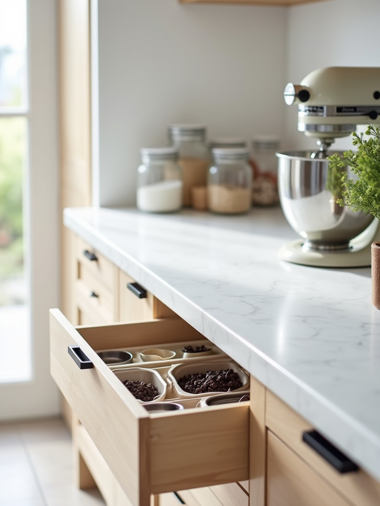A beautifully organized kitchen baking station with a stand mixer, neatly arranged ingredients in clear jars, and baking tools, demonstrating effective kitchen zoning for efficiency and clutter reduction.