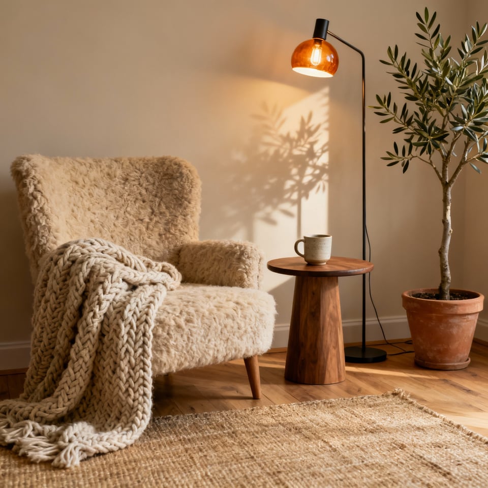 Cozy Hygge living room with warm neutrals, natural wood, textured wool throw, soft lamp light, and a single indoor plant, depicting deliberate warmth and tranquility.