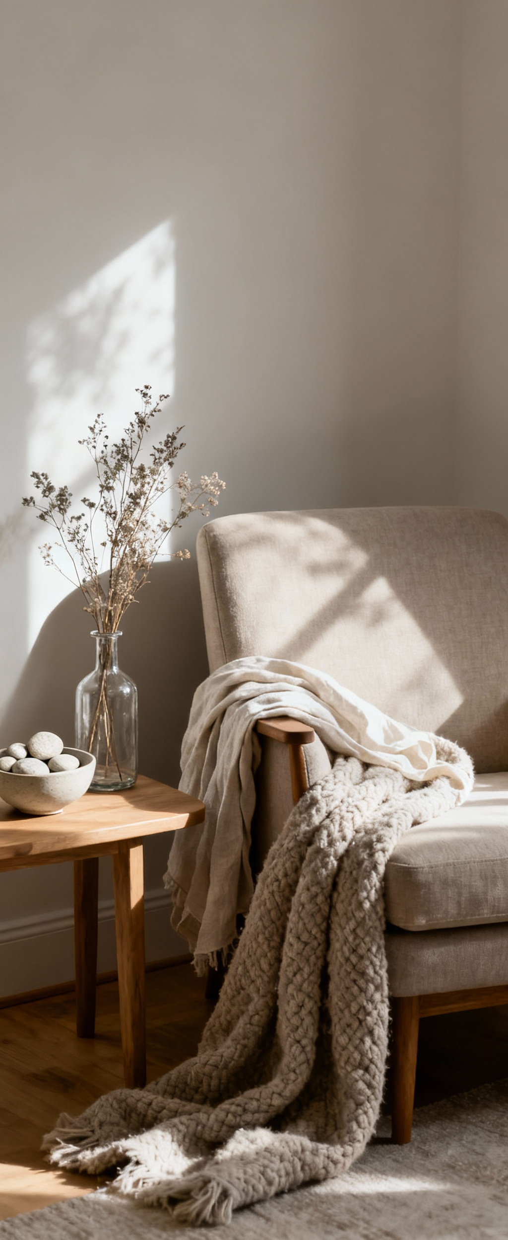 Living room corner with adaptable seasonal decor, showcasing soft natural lighting, various layered natural textures like linen and wool throws on an armchair, and seasonal biophilic accents, emphasizing dynamic comfort.