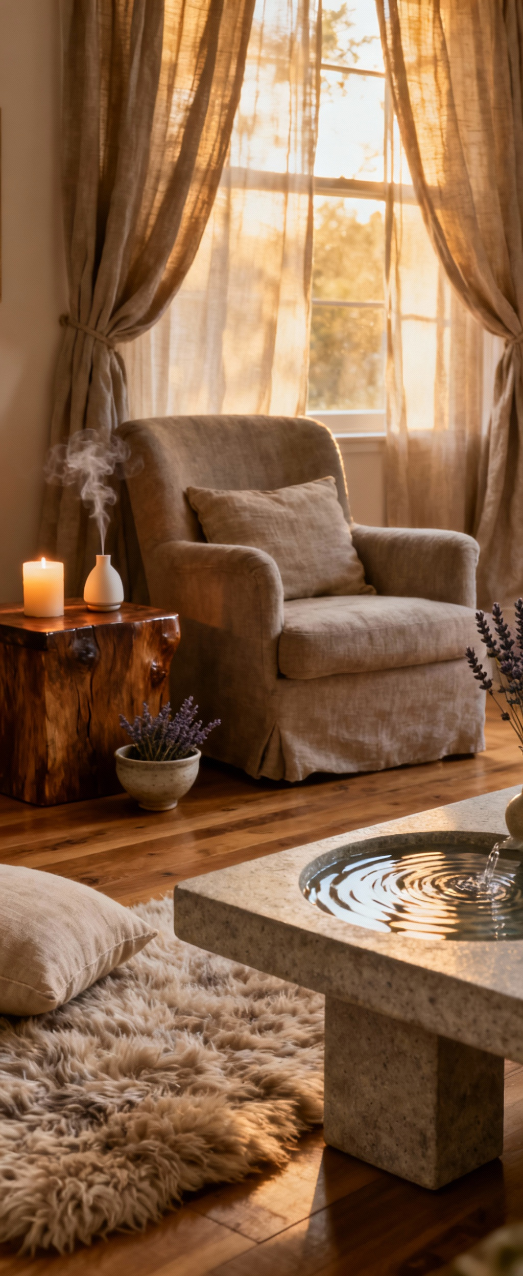 A serene living room showcasing multisensory design elements like a plush rug, soft drapes, a candle, essential oil diffuser, and indoor water feature, emphasizing auditory, olfactory, and tactile comfort for a cozy ambiance.