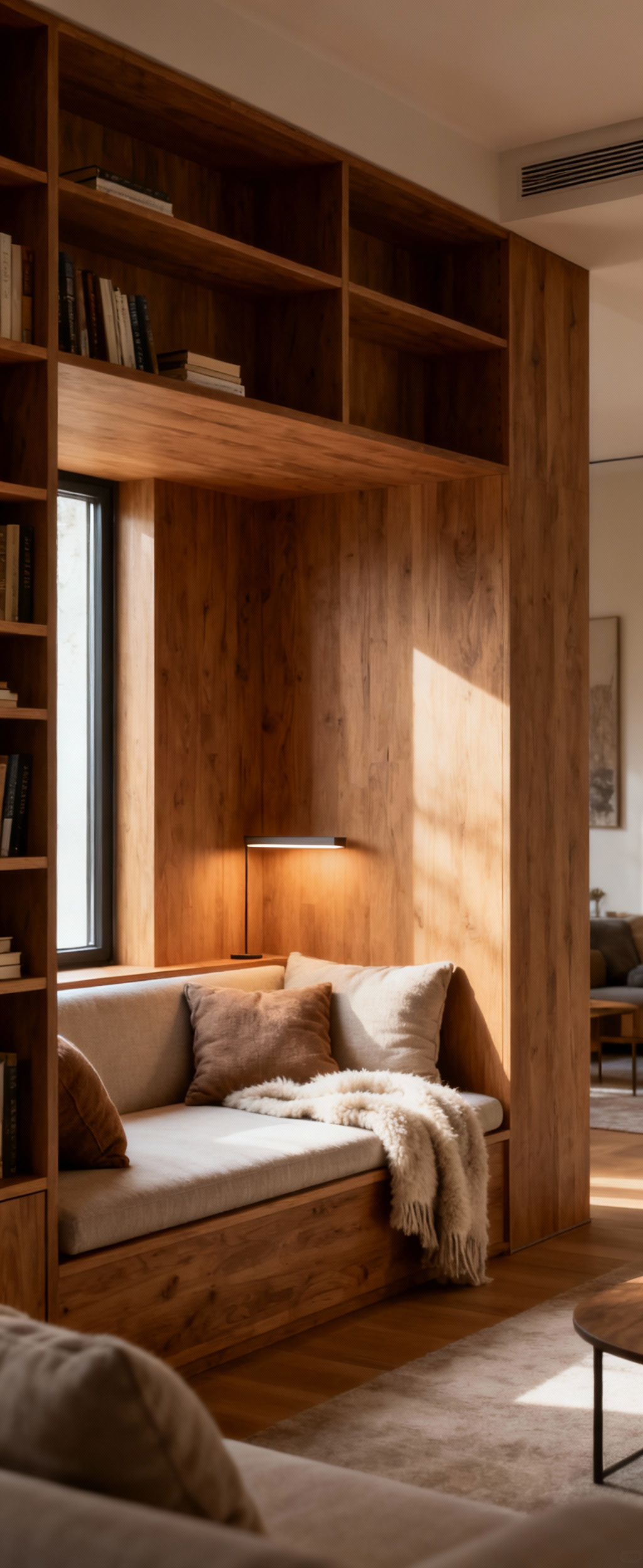 A serene built-in reading alcove in a cozy living room, featuring warm wood shelving, a comfortable upholstered bench with cushions, soft throws, and a subtle task lamp, bathed in natural light.