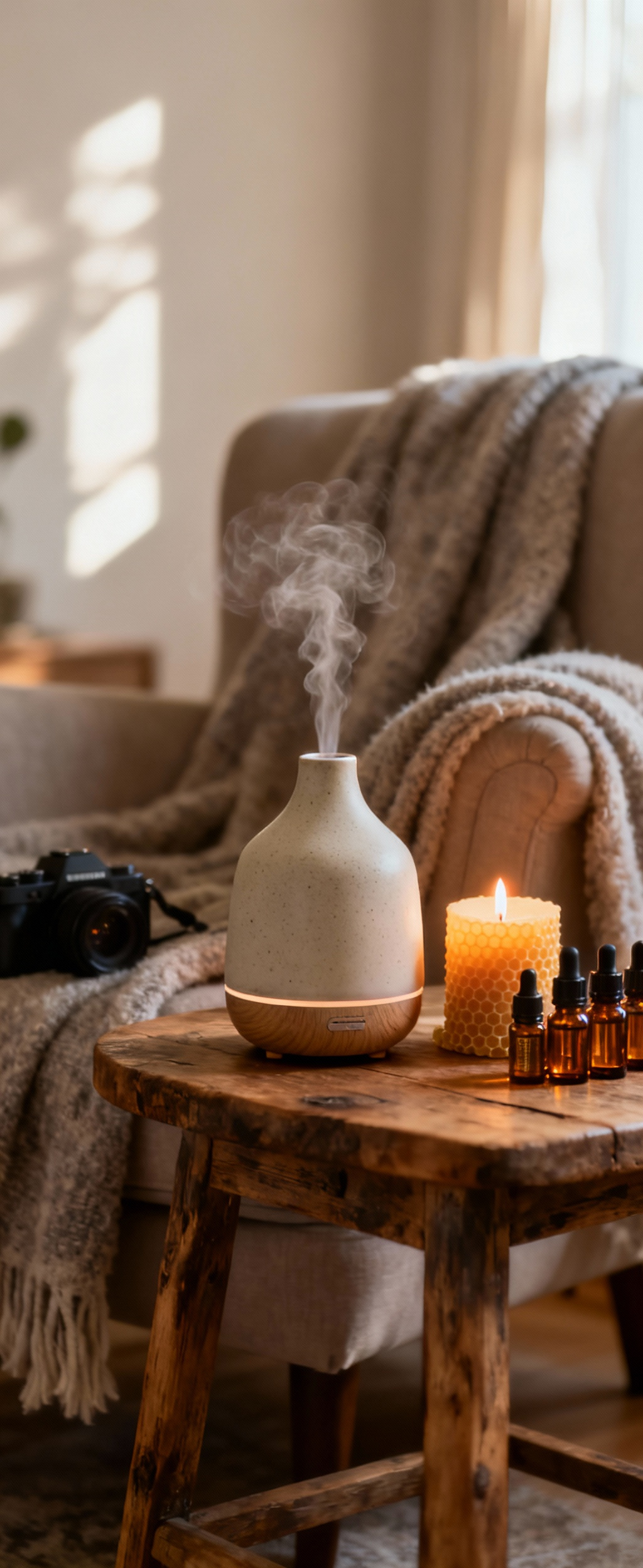 An ultrasonic essential oil diffuser gently misting next to a flickering natural beeswax candle and amber essential oil bottles on a rustic wooden side table in a cozy living room, symbolizing serene aromatic ambience.