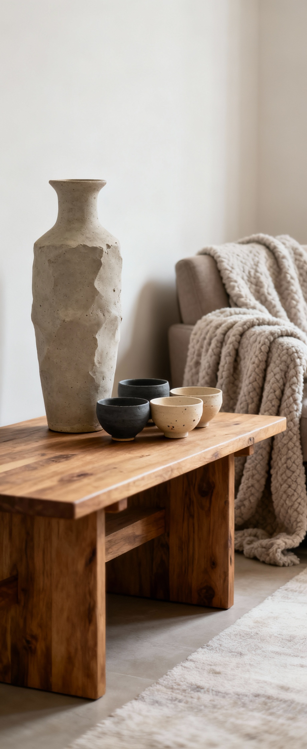 A cozy living room setting showcasing a tall, unglazed stoneware floor vase and a cluster of hand-thrown ceramic bowls on a natural wood console table, embodying grounding authenticity through their organic forms and tactile richness.