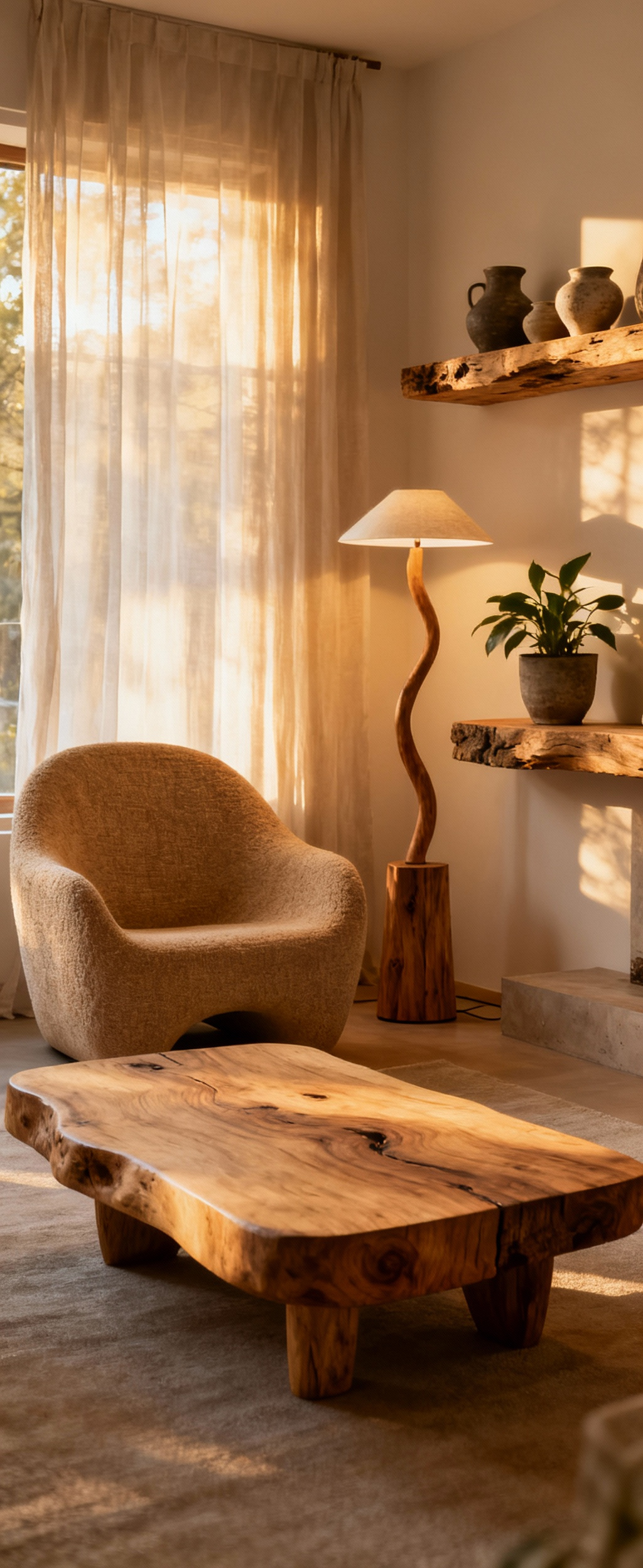 Cozy living room with untreated wood coffee table, biomorphic armchair, and raw timber shelf, embodying organic warmth and natural design.