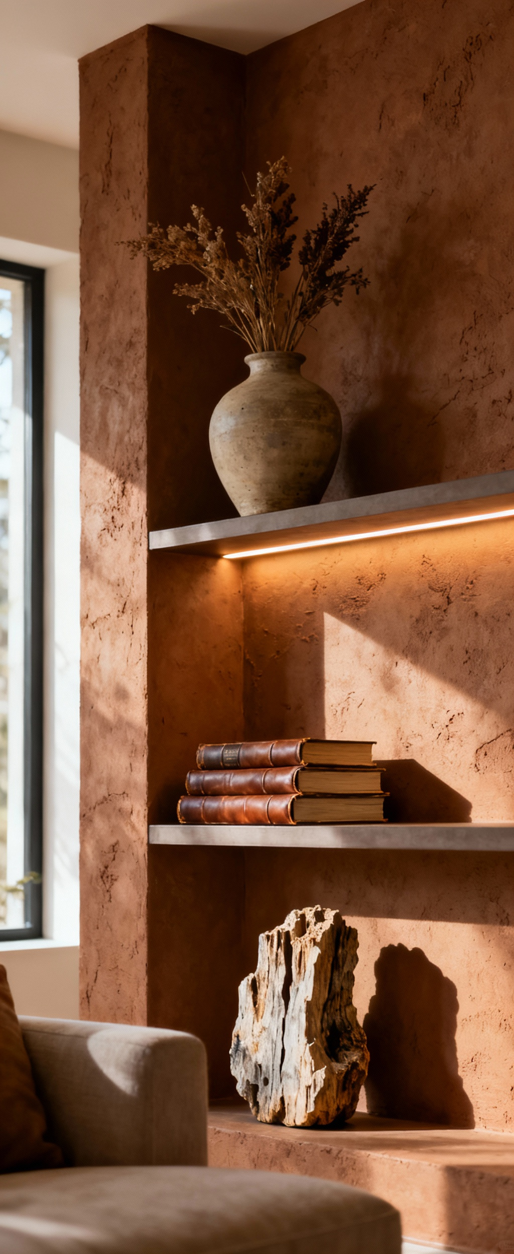 A vertical display vignette in a cozy living room, featuring ceramic vases, books, and natural wood on floating shelves, illuminated by warm accent lighting.
